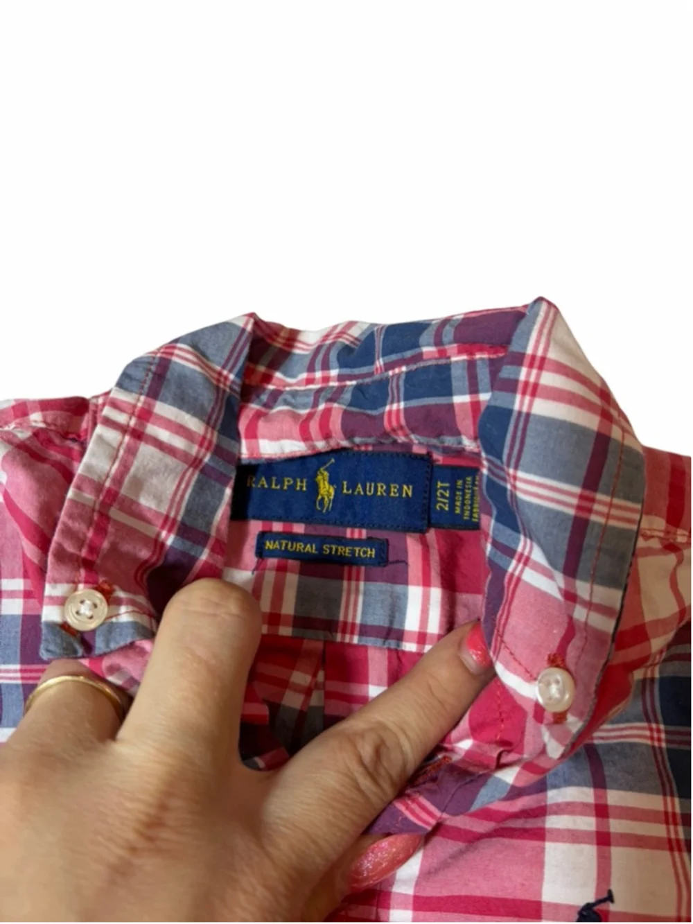 Ralph Lauren Boys Pink Navy Plaid Button Down Shirt 2/2T Natural Stretch